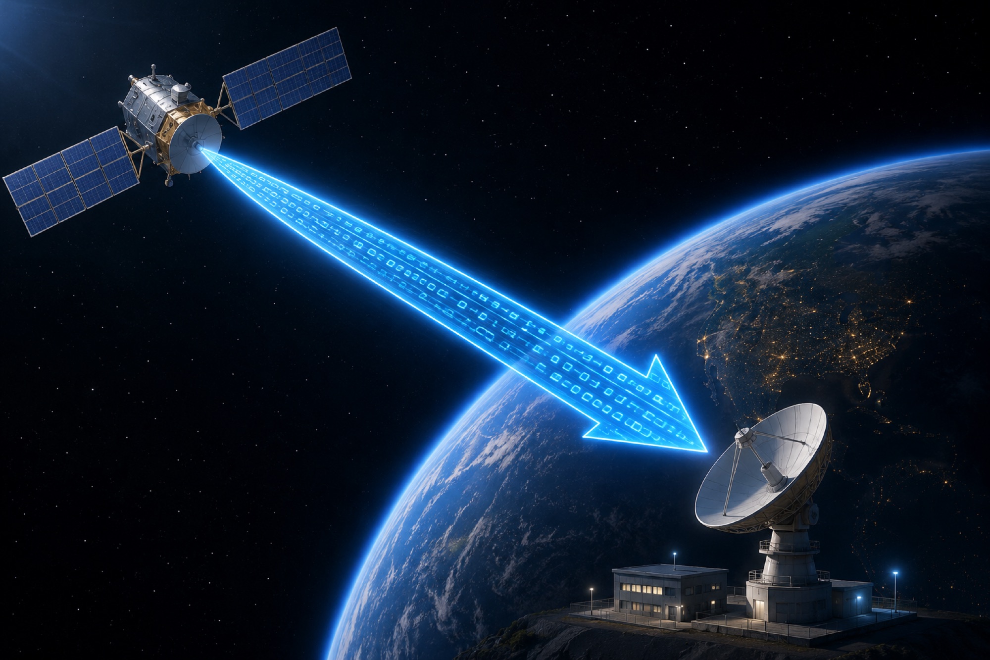 A satellite transmitting a stream of data down to a ground station